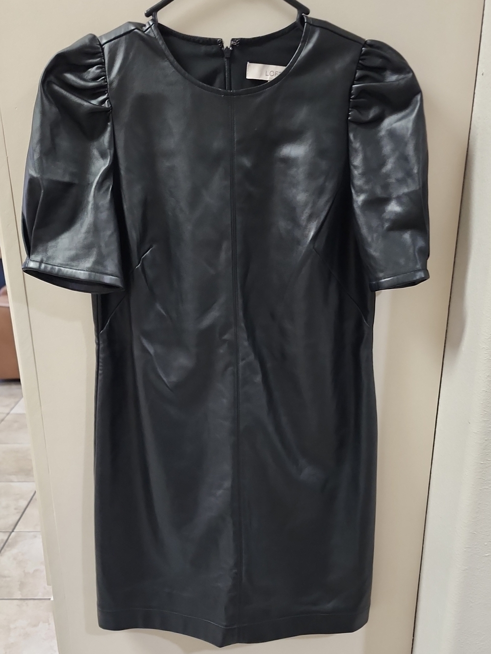 LOFT Black Faux-Leather Puff-Sleeve Dress